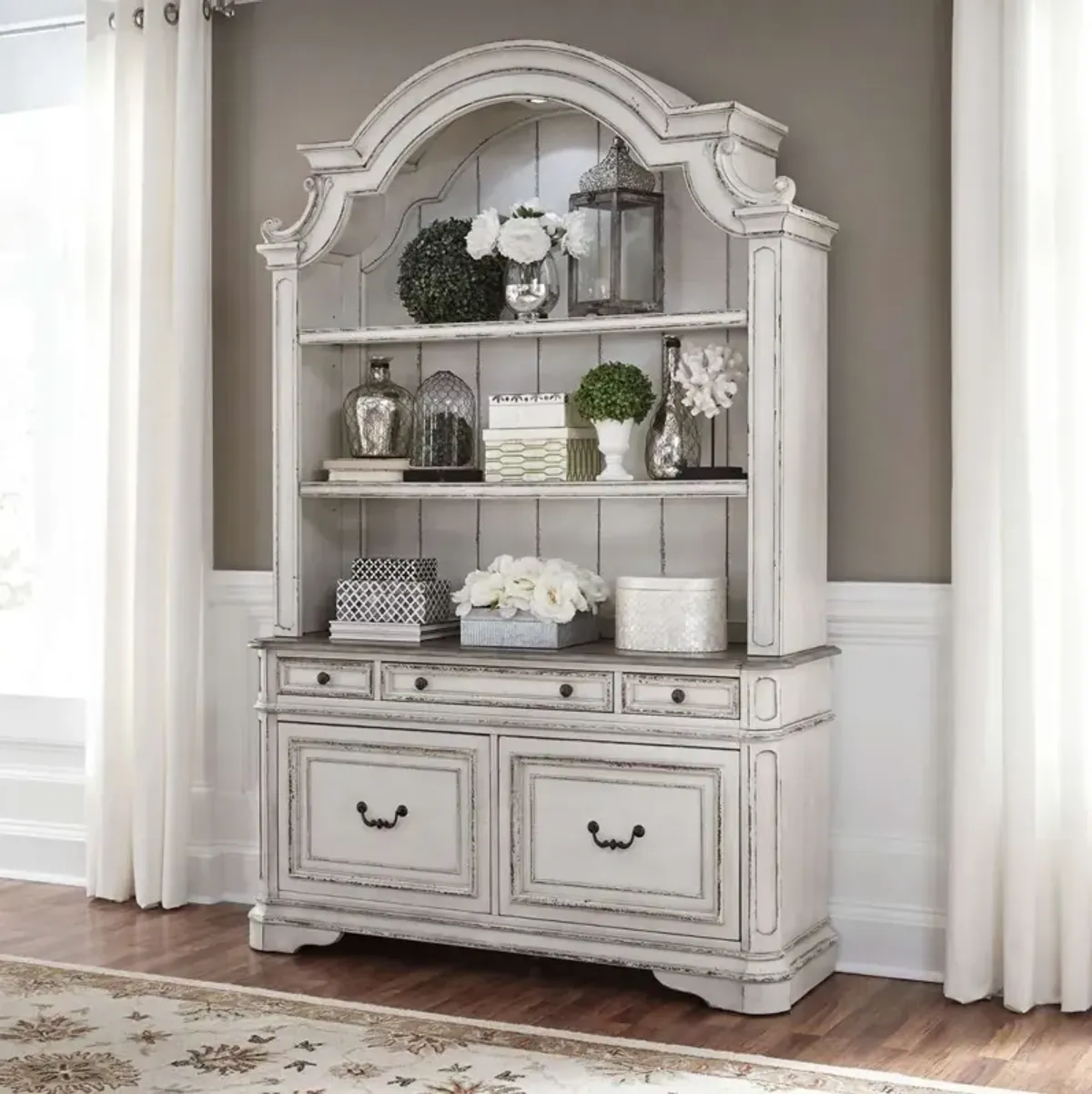 Liberty Furniture Magnolia Manor Antique White/Weathered Bark Opt Credenza and Hutch