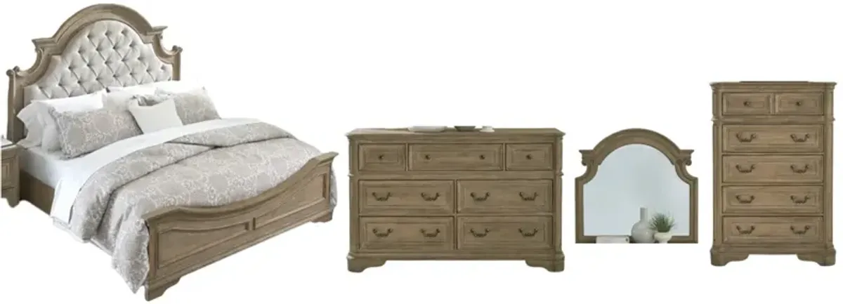 Liberty Furniture Magnolia Manor 4-Piece Weathered Bisque King Upholstered Panel Bedroom Set