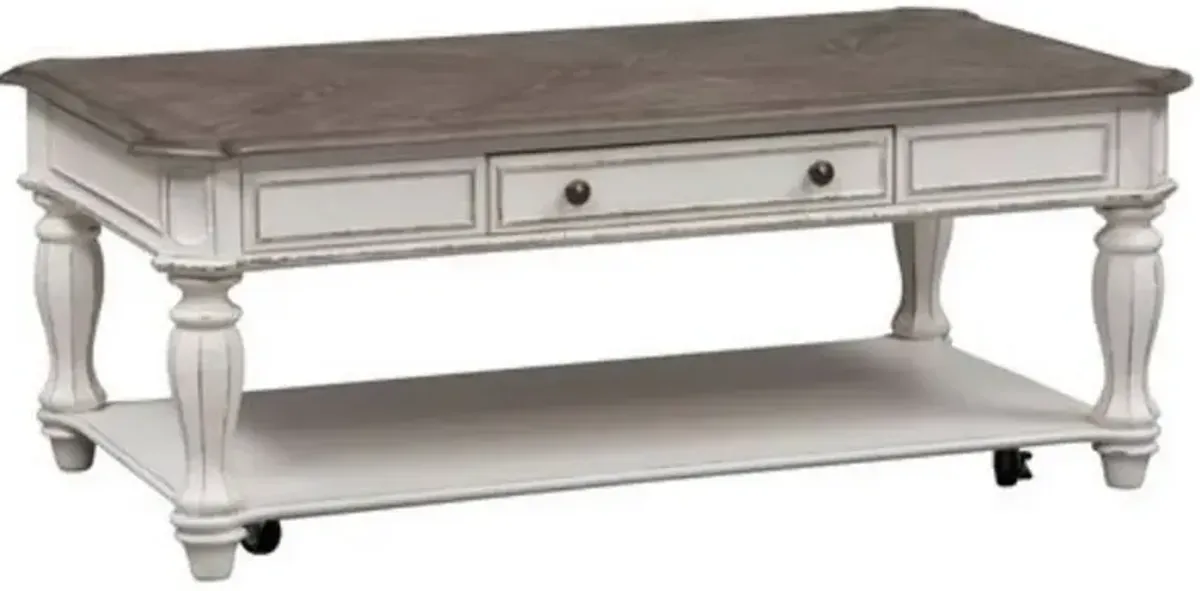 Liberty Furniture Magnolia Manor Weathered Bark Cocktail Table with Antique White Base