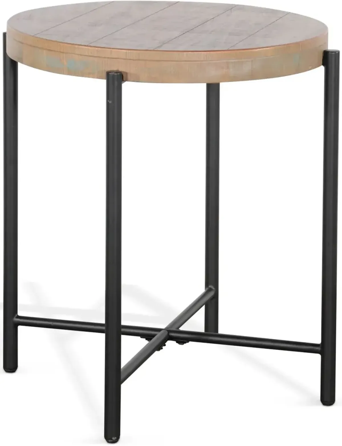 Sunny Designs Weathered Brown Round Chairside Table with Black Metal Base 