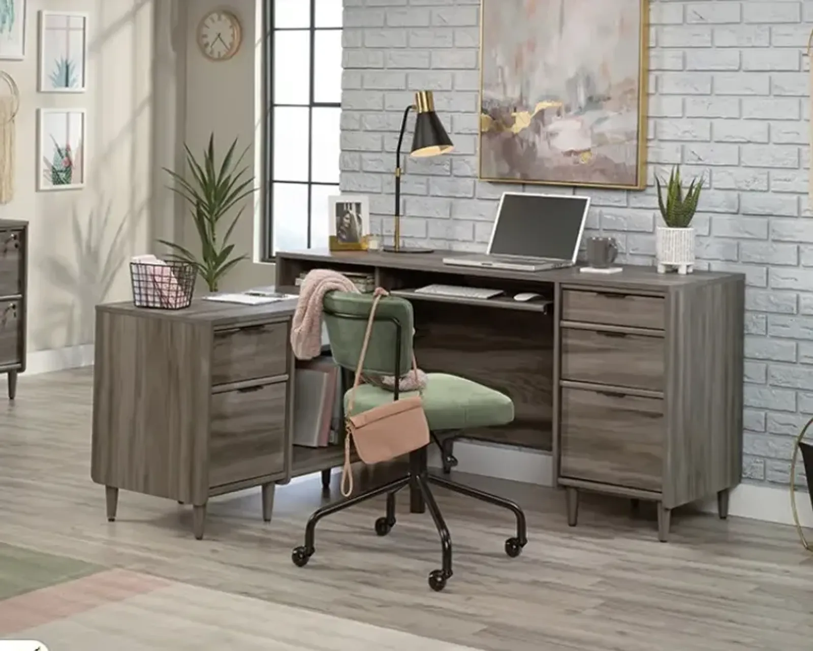 Sauder® Clifford Place® Jet Acacia® L-Shaped Desk with Storage