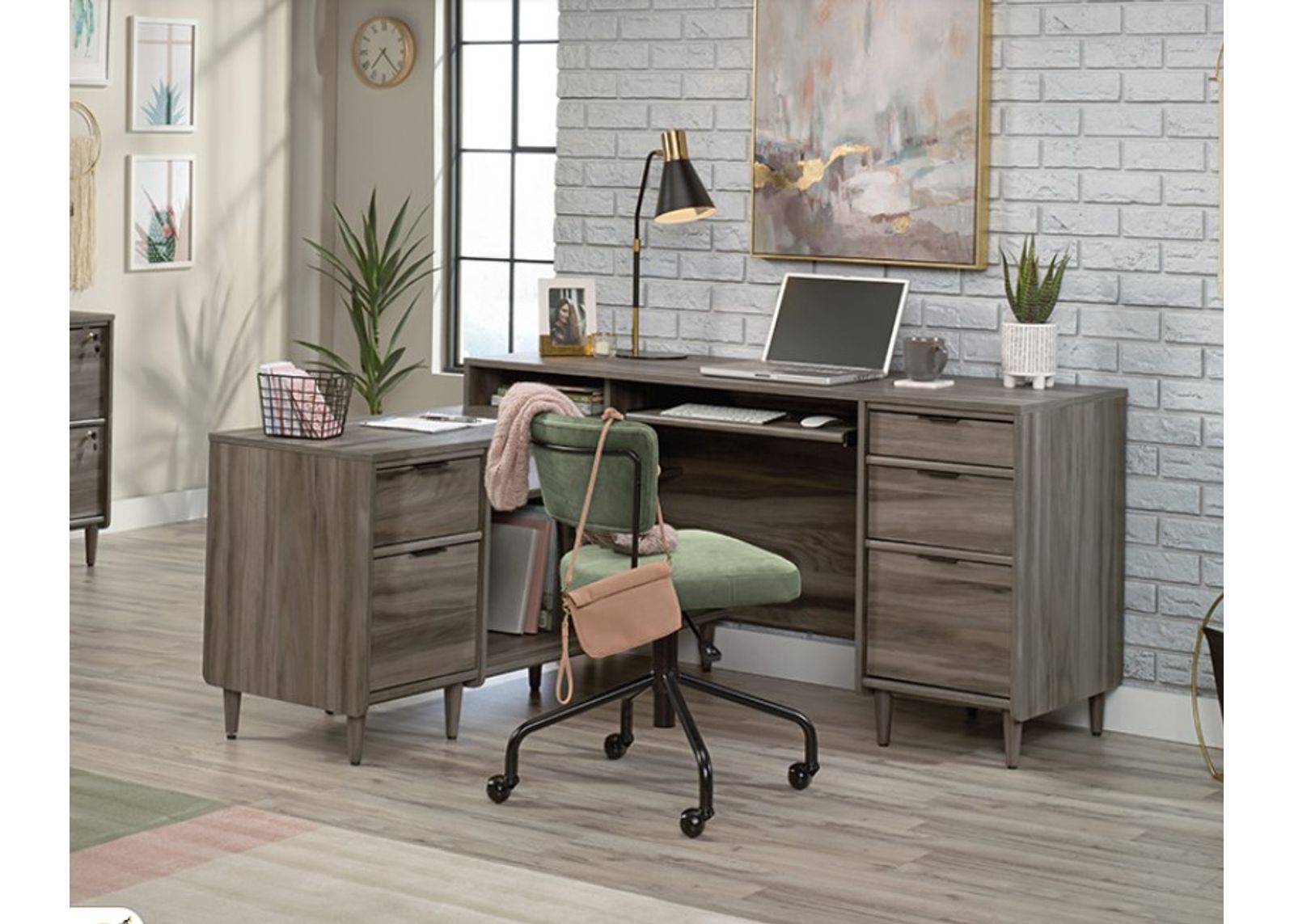 Sauder® Clifford Place® Jet Acacia® L-Shaped Desk with Storage