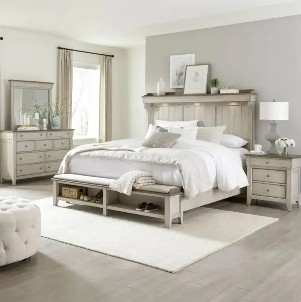 Liberty Furniture Ivy Hollow 4-Piece Dusty Taupe/Weathered Linen King Mantle Storage Bedroom Set