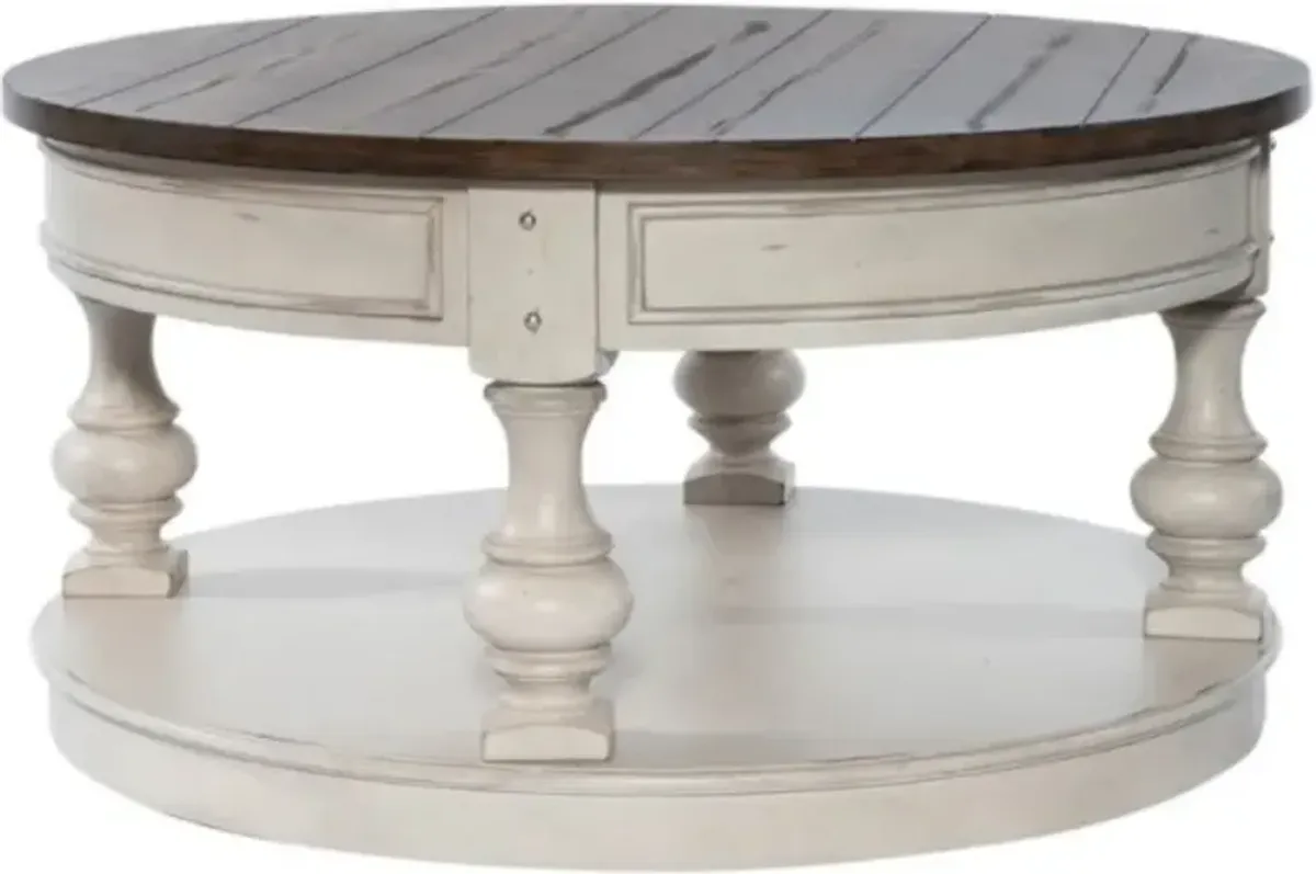 Liberty Furniture Morgan Creek Wire Brushed Tobacco Round Cocktail Table with Antique White Base