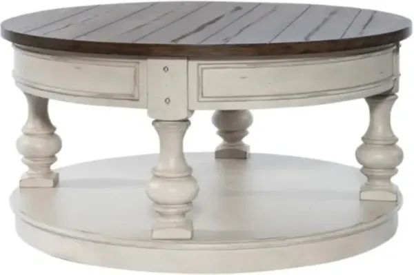 Liberty Furniture Morgan Creek Wire Brushed Tobacco Round Cocktail Table with Antique White Base