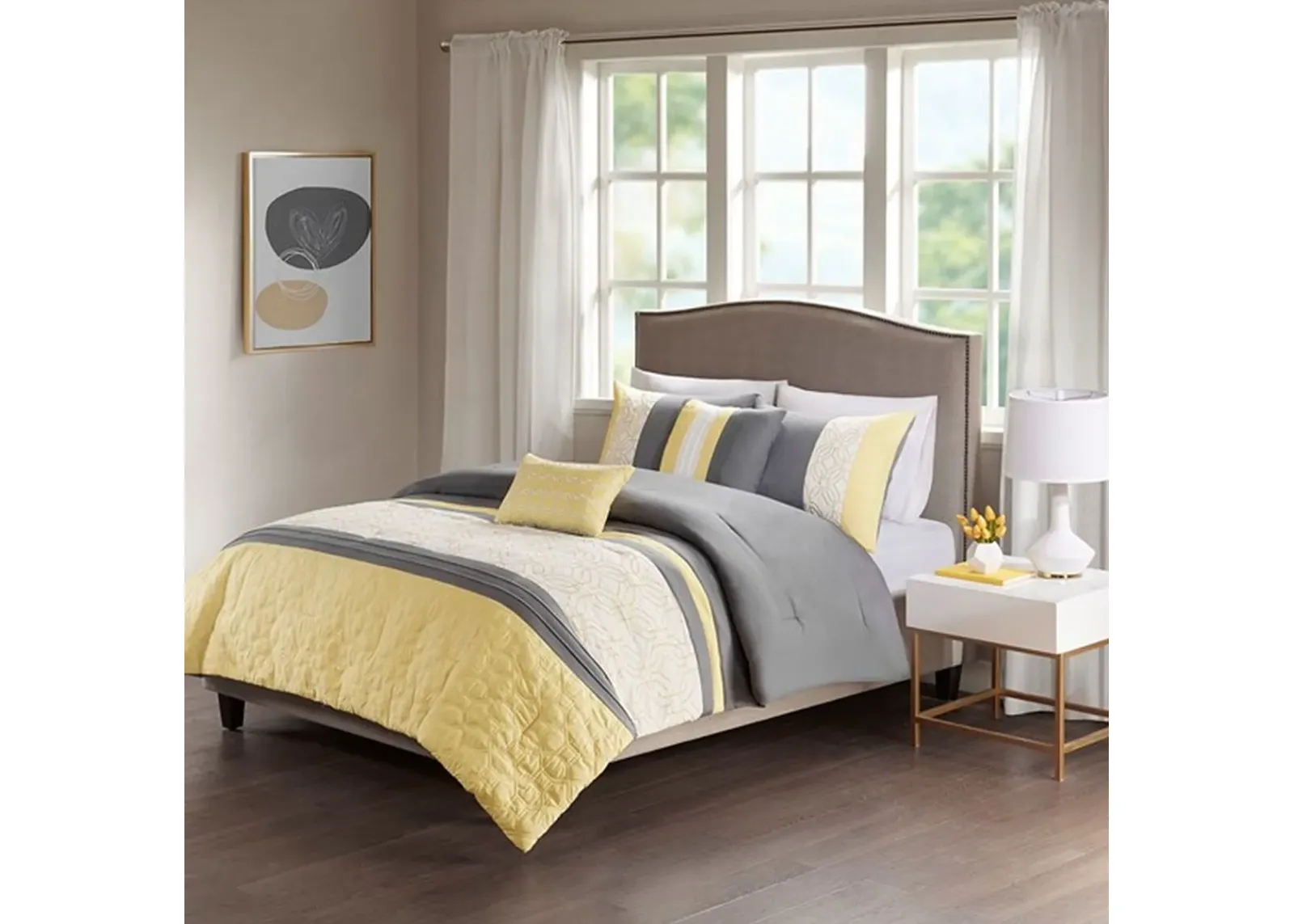 Olliix by 510 Design Yellow King/California King Donnell Embroidered 5 Piece Comforter Set