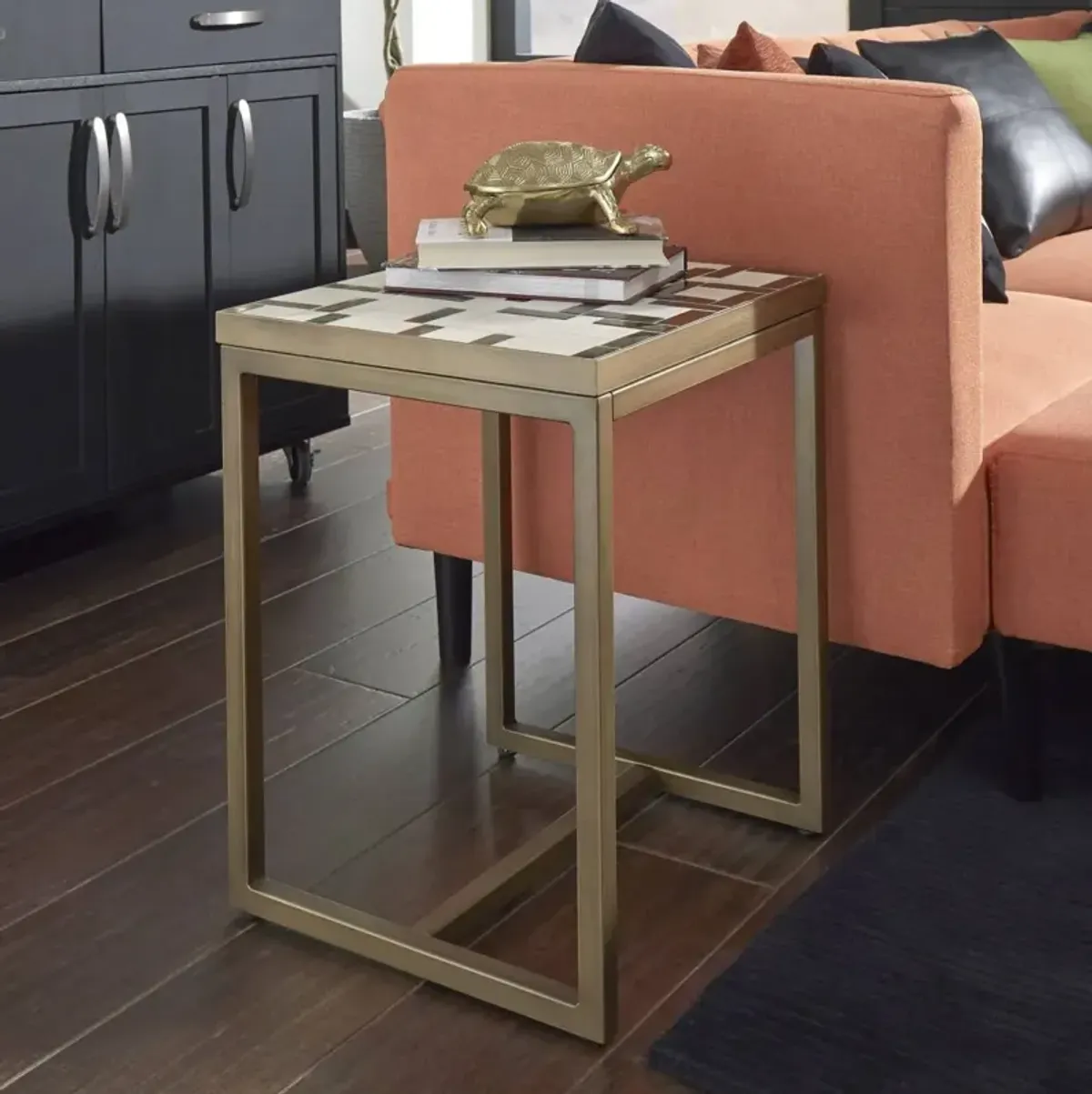 homestyles® Geometric II Bronze End Table with Cream Mosaic Tile Top 