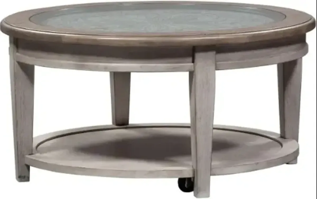 Liberty Furniture Heartland Glass Top Round Ceiling Tile Cocktail Table with Antique White Base