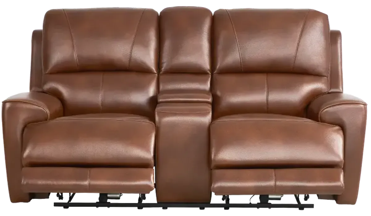 Drew & Jonathan Home Fremont Brown Leather Power Headrest Reclining Console Loveseat