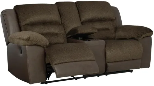 Benchcraft® Dorman Chocolate Manual Reclining Loveseat with Console