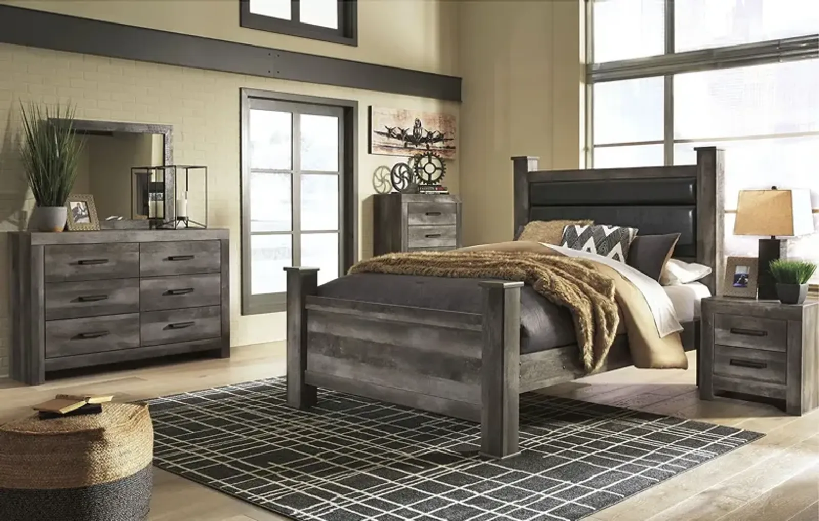 Signature Design by Ashley® Wynnlow 3pc Rustic Gray Queen Upholstered Poster Bedroom Set P73783461