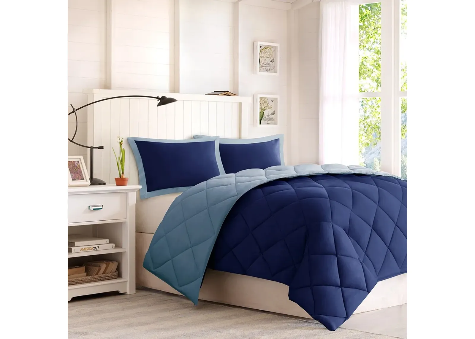 Olliix by Madison Park Essentials Larkspur Light Blue/Navy Full/Queen 3M Scotchgard Reversible Down Alternative Comforter Set