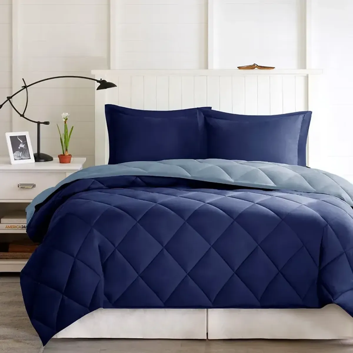Olliix by Madison Park Essentials Larkspur Navy and Light Blue King 3M Scotchgard Reversible Down Alternative Comforter Set