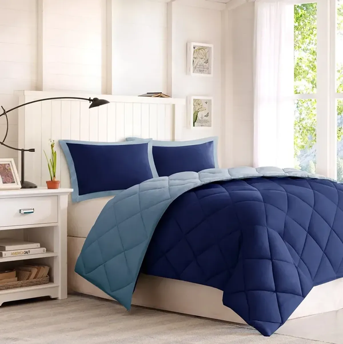 Olliix by Madison Park Essentials Larkspur Navy and Light Blue King 3M Scotchgard Reversible Down Alternative Comforter Set