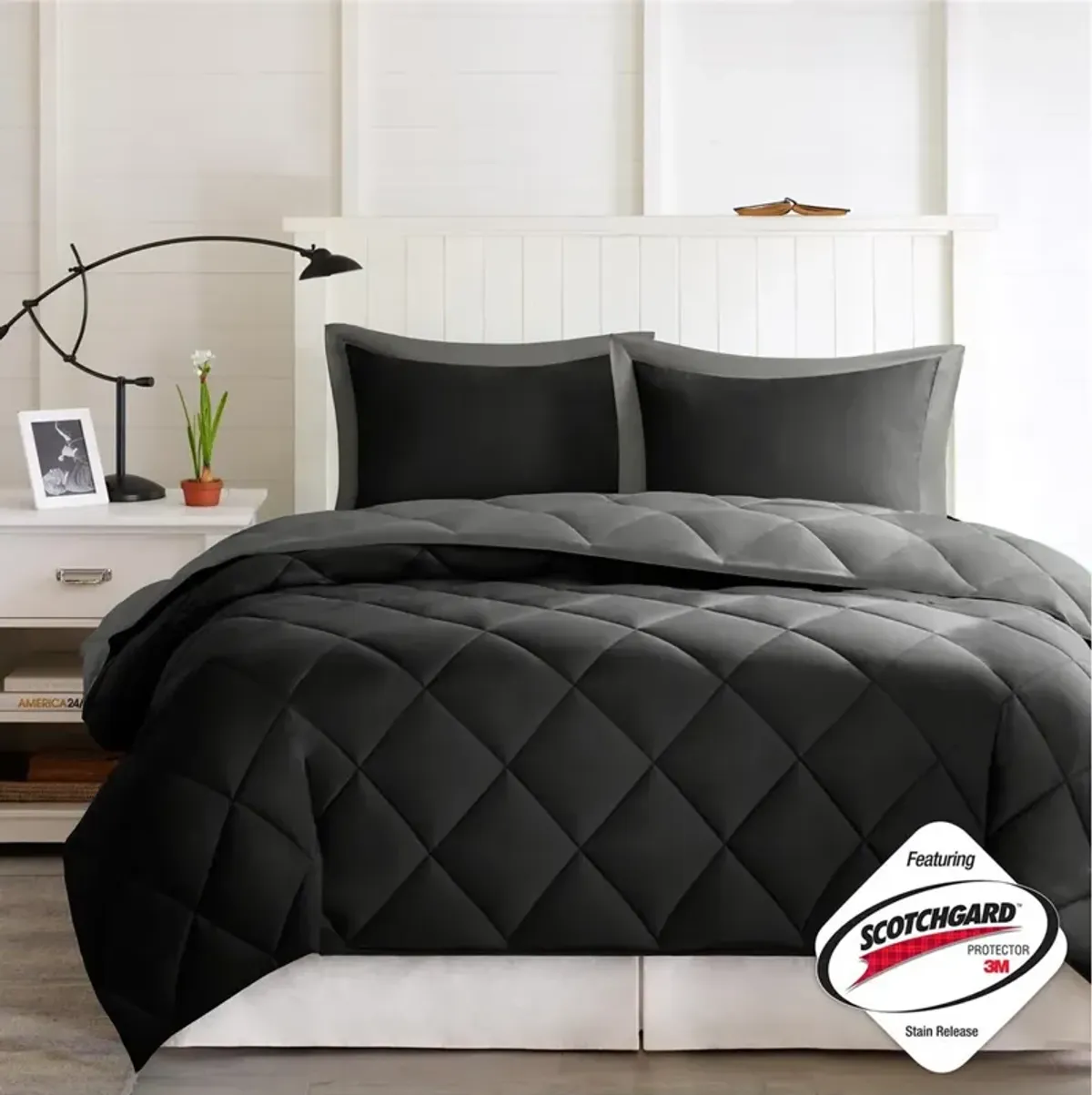 Olliix by Madison Park Essentials Larkspur Black and Grey Full/Queen 3M Scotchgard Reversible Down Alternative Comforter Set