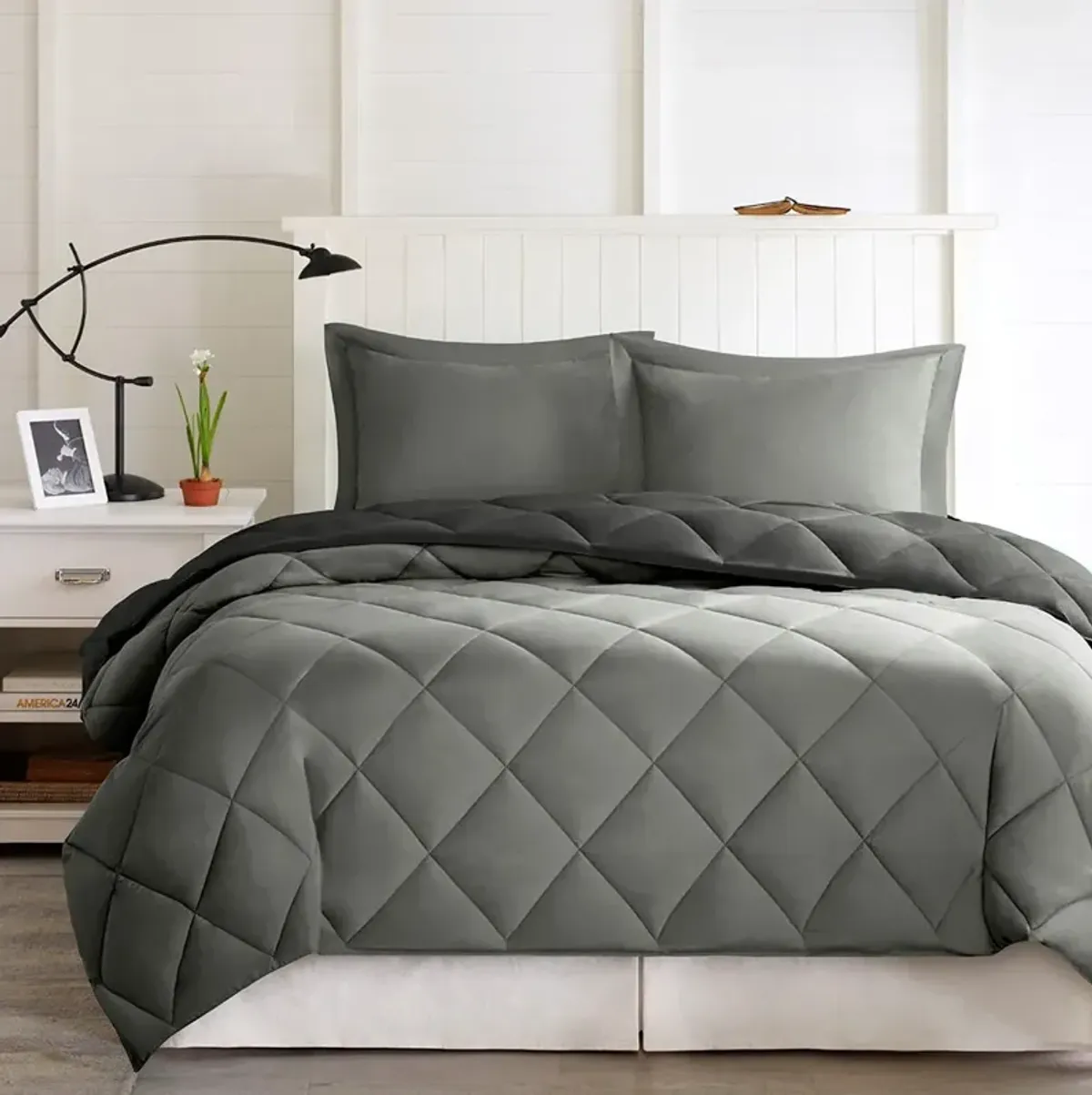 Olliix by Madison Park Essentials Larkspur Black and Grey Full/Queen 3M Scotchgard Reversible Down Alternative Comforter Set