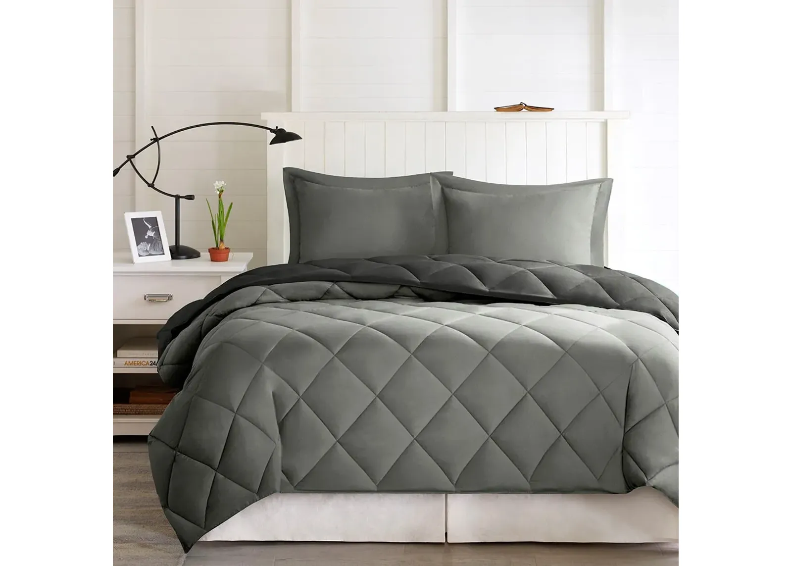 Olliix by Madison Park Essentials Larkspur Black and Grey Full/Queen 3M Scotchgard Reversible Down Alternative Comforter Set