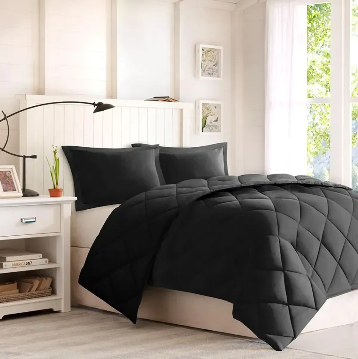 Olliix by Madison Park Essentials Larkspur Black and Black Full/Queen 3M Scotchgard Reversible Down Alternative Comforter Set