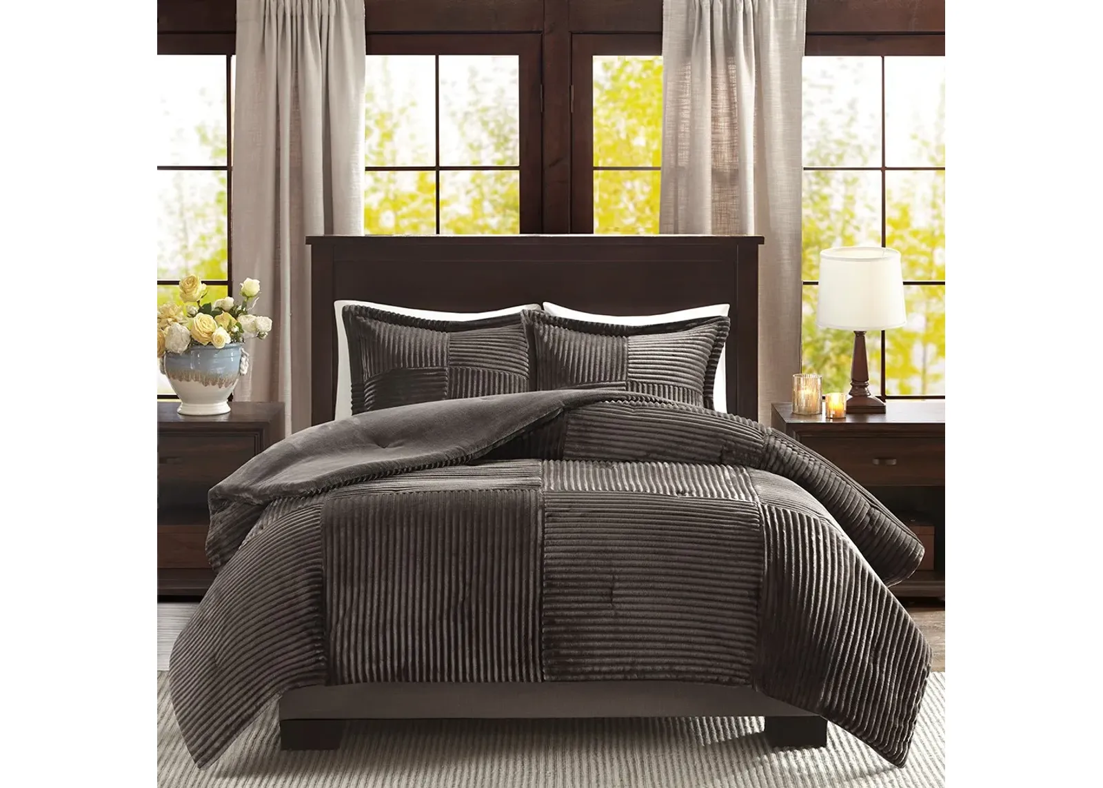 Olliix by Madison Park Parker Grey Twin Corduroy Plush Comforter Mini Set