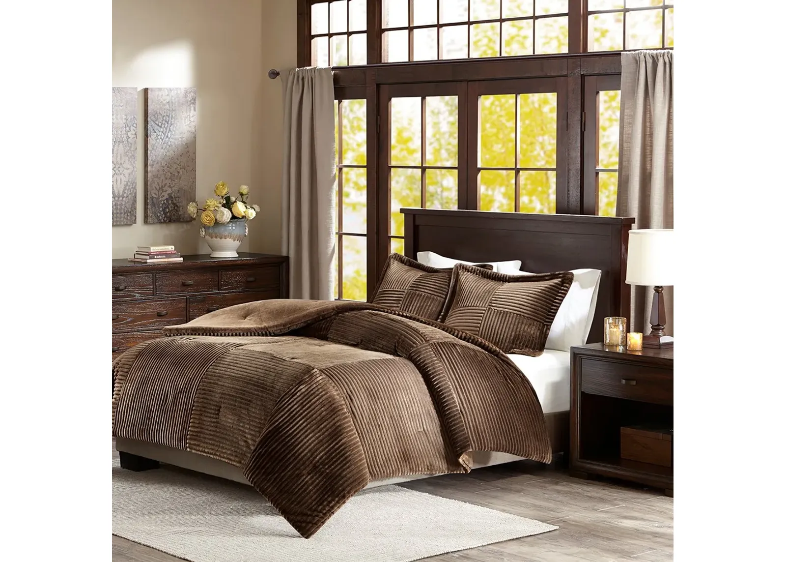 Olliix by Madison Park Parker Brown Full/Queen Corduroy Plush Comforter Mini Set