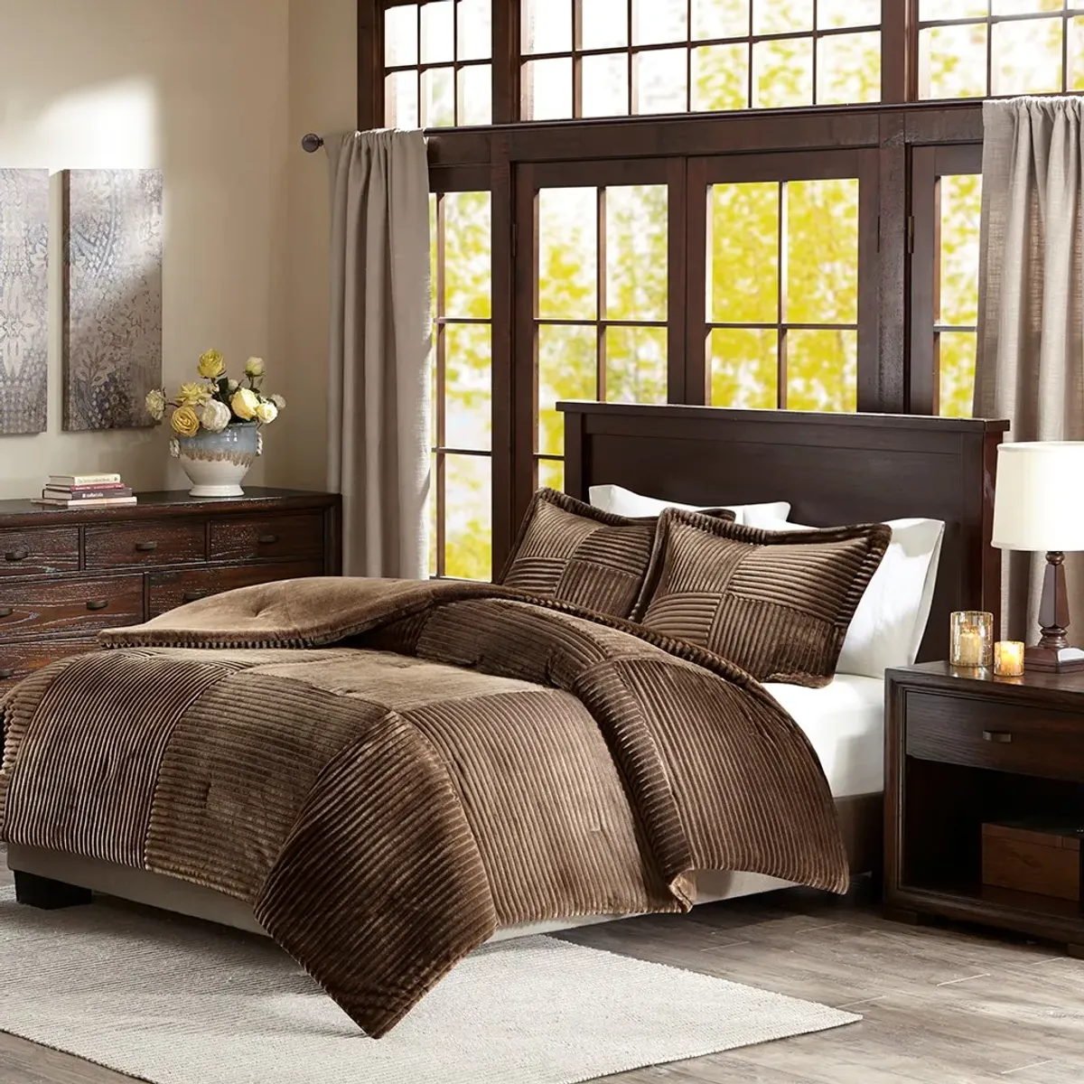 Olliix by Madison Park Parker Brown Full/Queen Corduroy Plush Comforter Mini Set