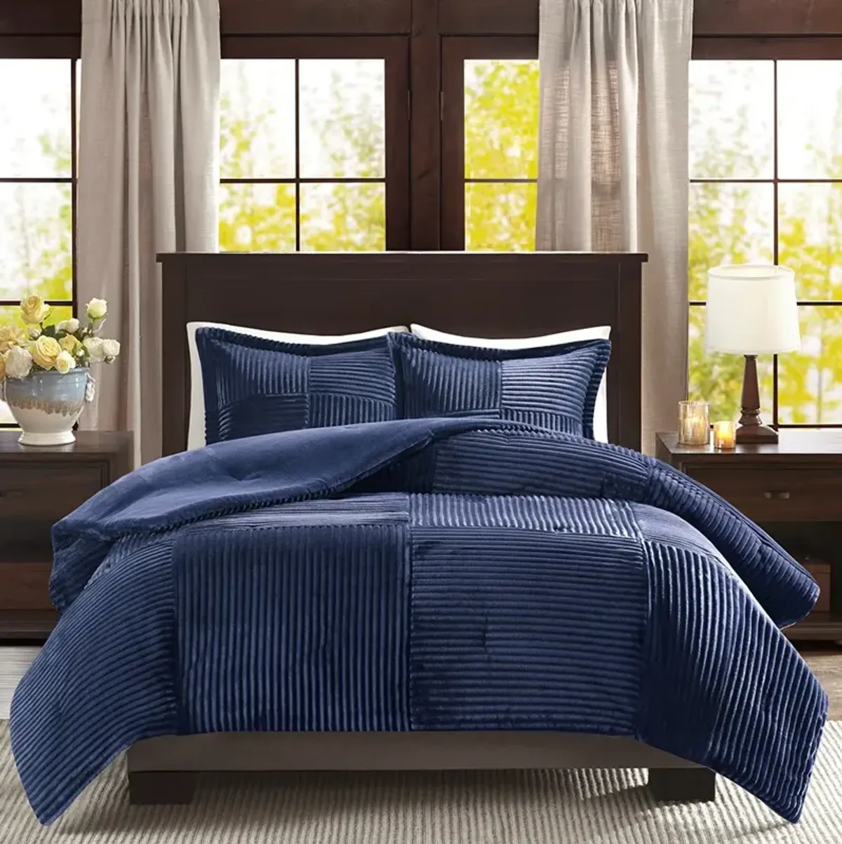 Olliix by Madison Park Parker Navy Full/Queen Corduroy Plush Comforter Mini Set