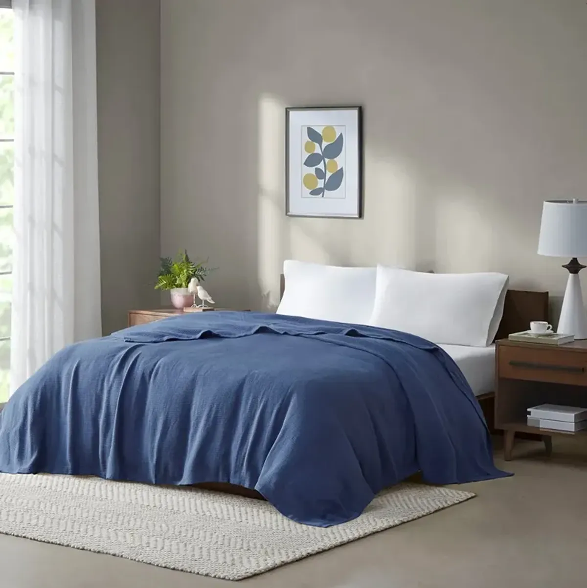 Olliix by Madison Park Freshspun Basketweave Navy King Cotton Blanket