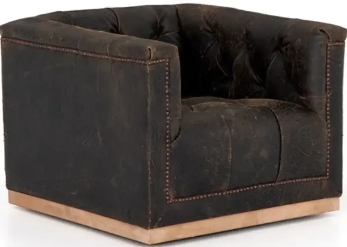 Four Hands Maxx Destroyed Black Leather Swivel Chair