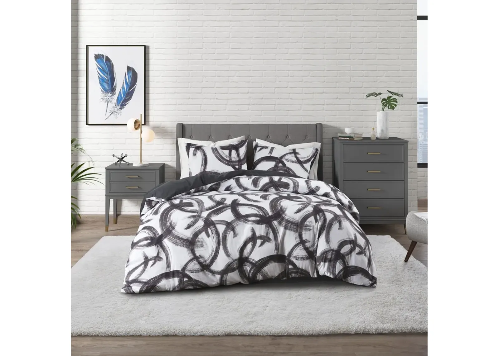 Olliix by CosmoLiving Anaya Cotton Printed Black and White Full/Queen Comforter Set