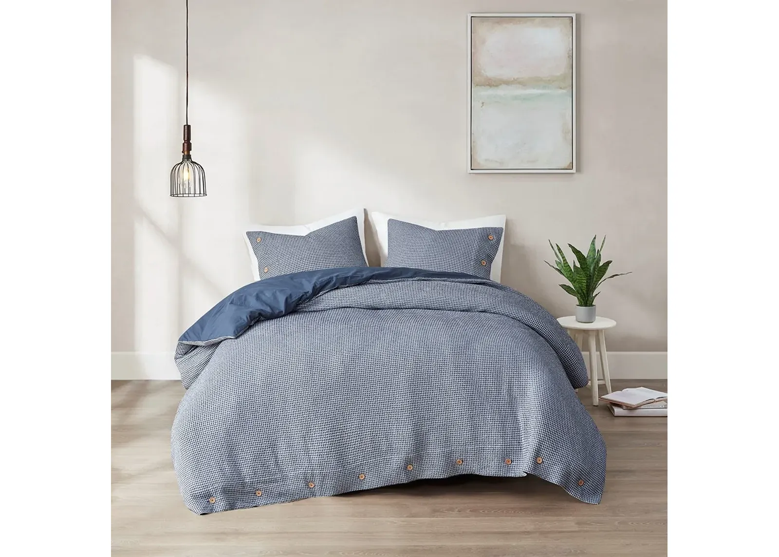 Olliix by Clean Spaces Mara 4 Piece Yarn Dyed Cotton Bamboo Blend Waffle Weave Blue Full/Queen Comforter Cover Set