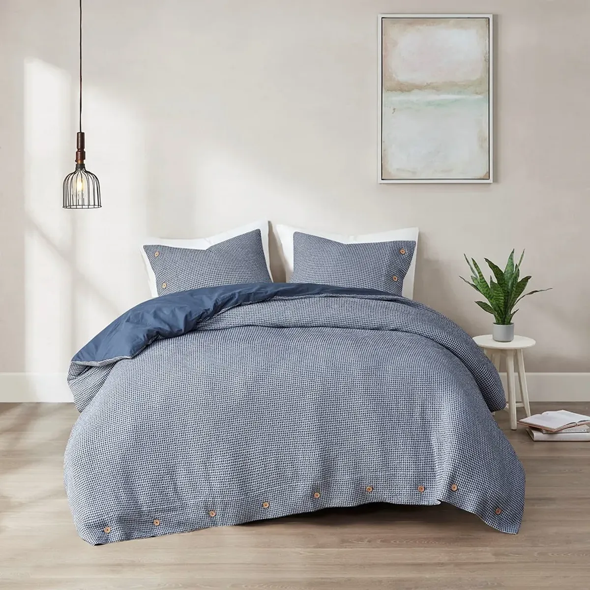 Olliix by Clean Spaces Mara 4 Piece Yarn Dyed Cotton Bamboo Blend Waffle Weave Blue Full/Queen Comforter Cover Set