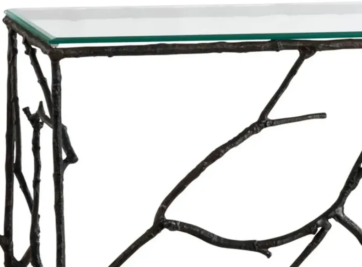 Crestview Collection Adeline Glass Top Console Table with Black Twigs Cast Metal Frame