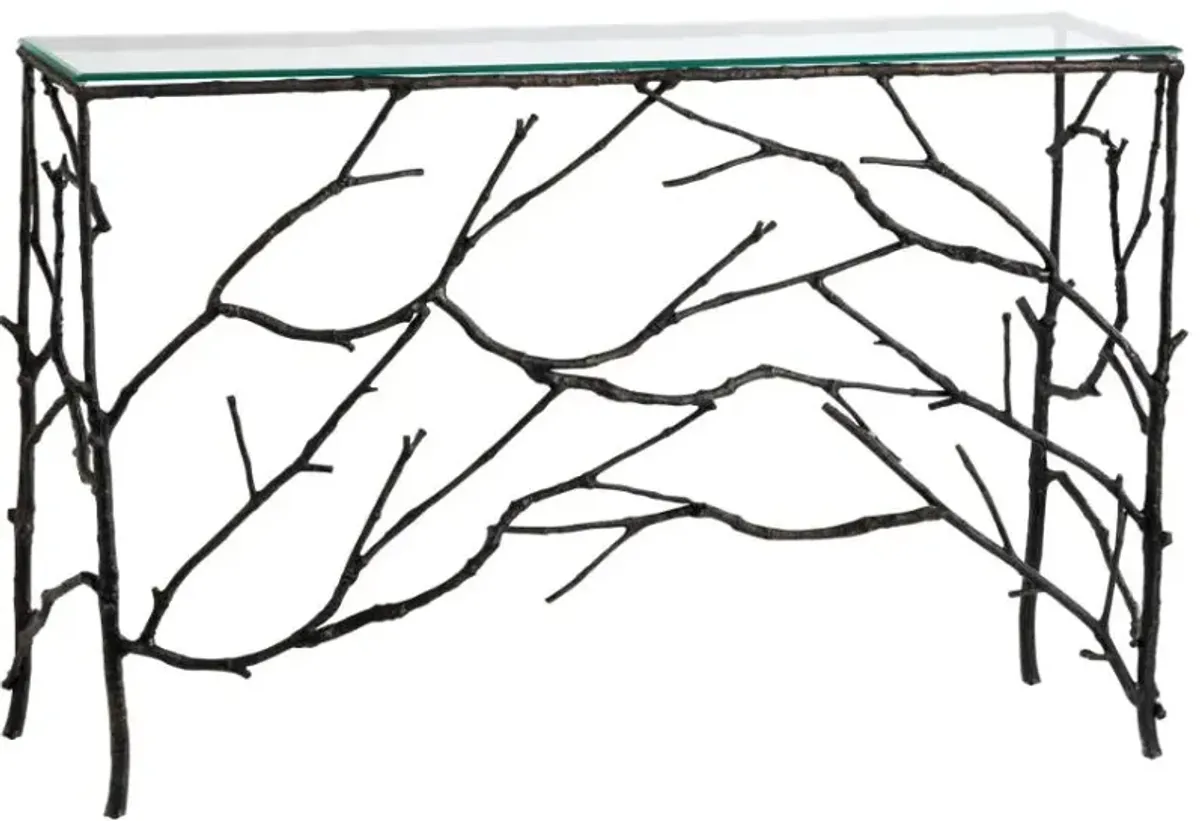 Crestview Collection Adeline Glass Top Console Table with Black Twigs Cast Metal Frame