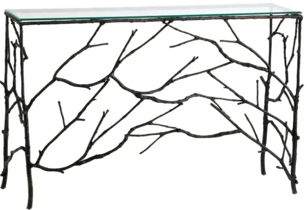 Crestview Collection Adeline Glass Top Console Table with Black Twigs Cast Metal Frame