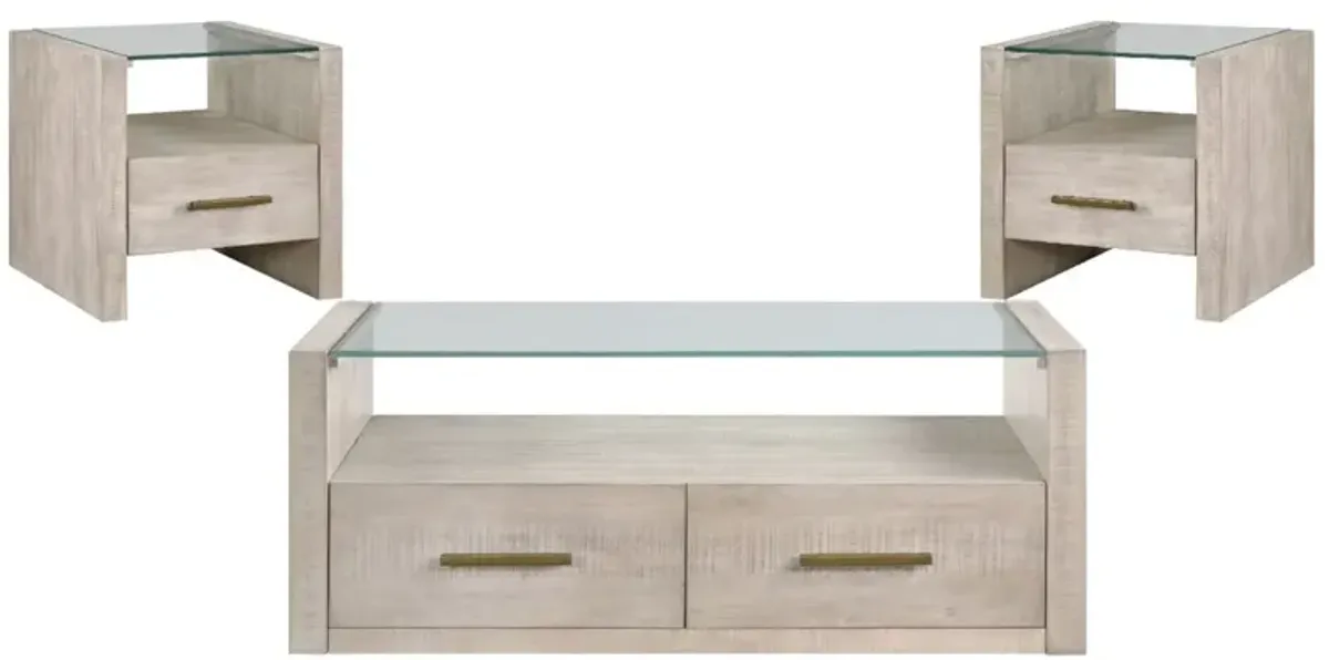 Steve Silver Co. Garland 3-Piece Glass Top Occasional Table with Washed Parchment Base Set