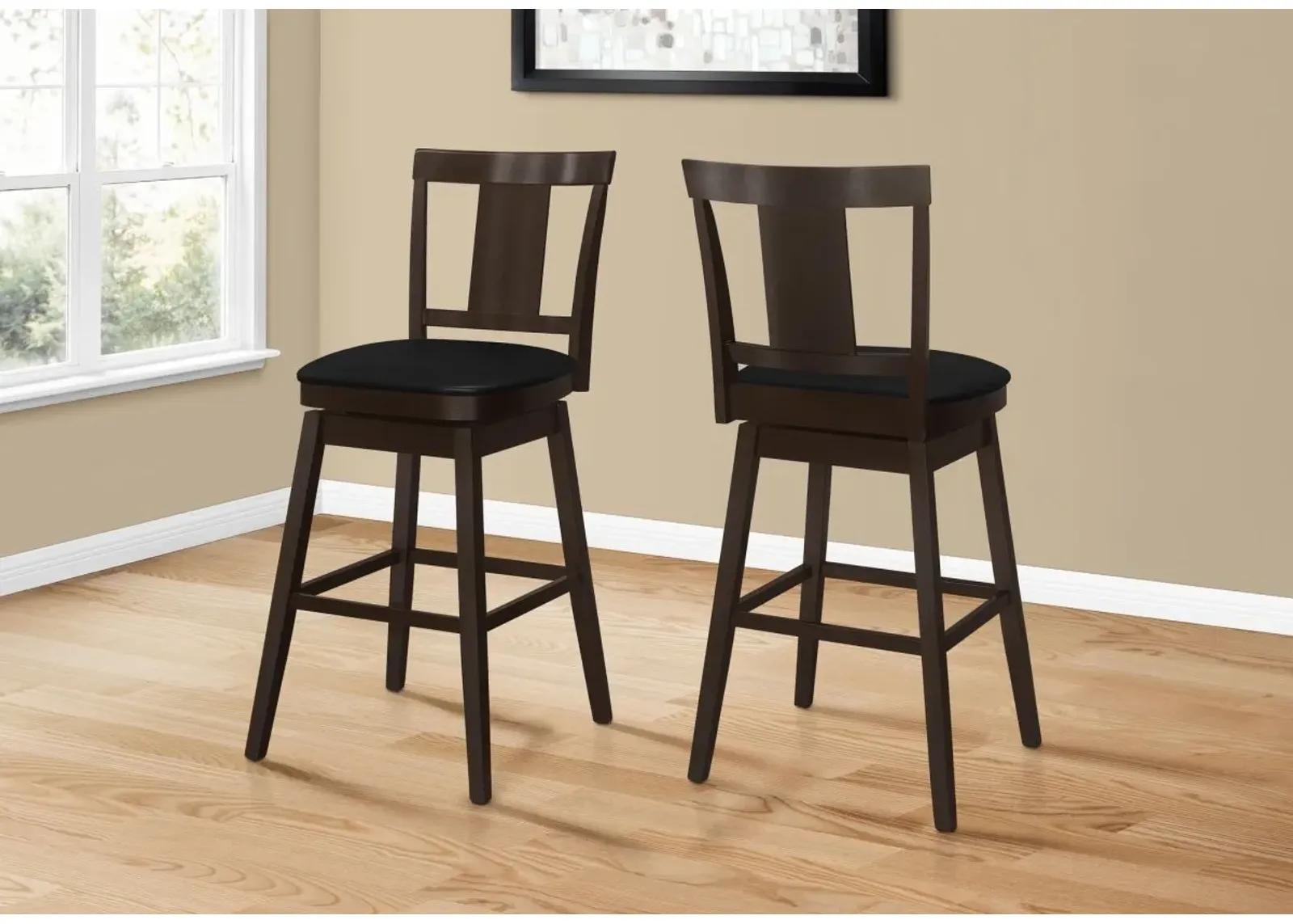 Bar Stool, Set Of 2, Swivel, Bar Height, Wood, Pu Leather Look, Brown, Black, Transitional