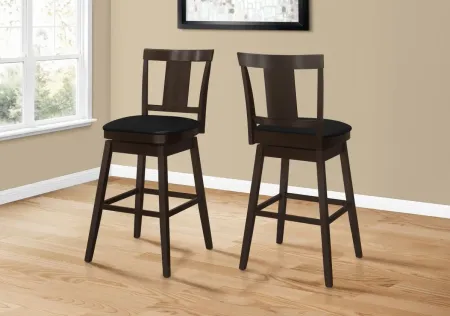 Bar Stool, Set Of 2, Swivel, Bar Height, Wood, Pu Leather Look, Brown, Black, Transitional