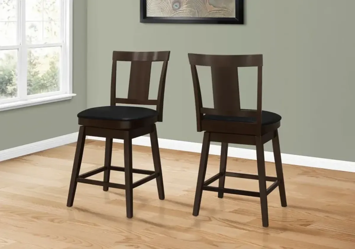 Bar Stool, Set Of 2, Swivel, Counter Height, Kitchen, Wood, Pu Leather Look, Brown, Black, Transitional