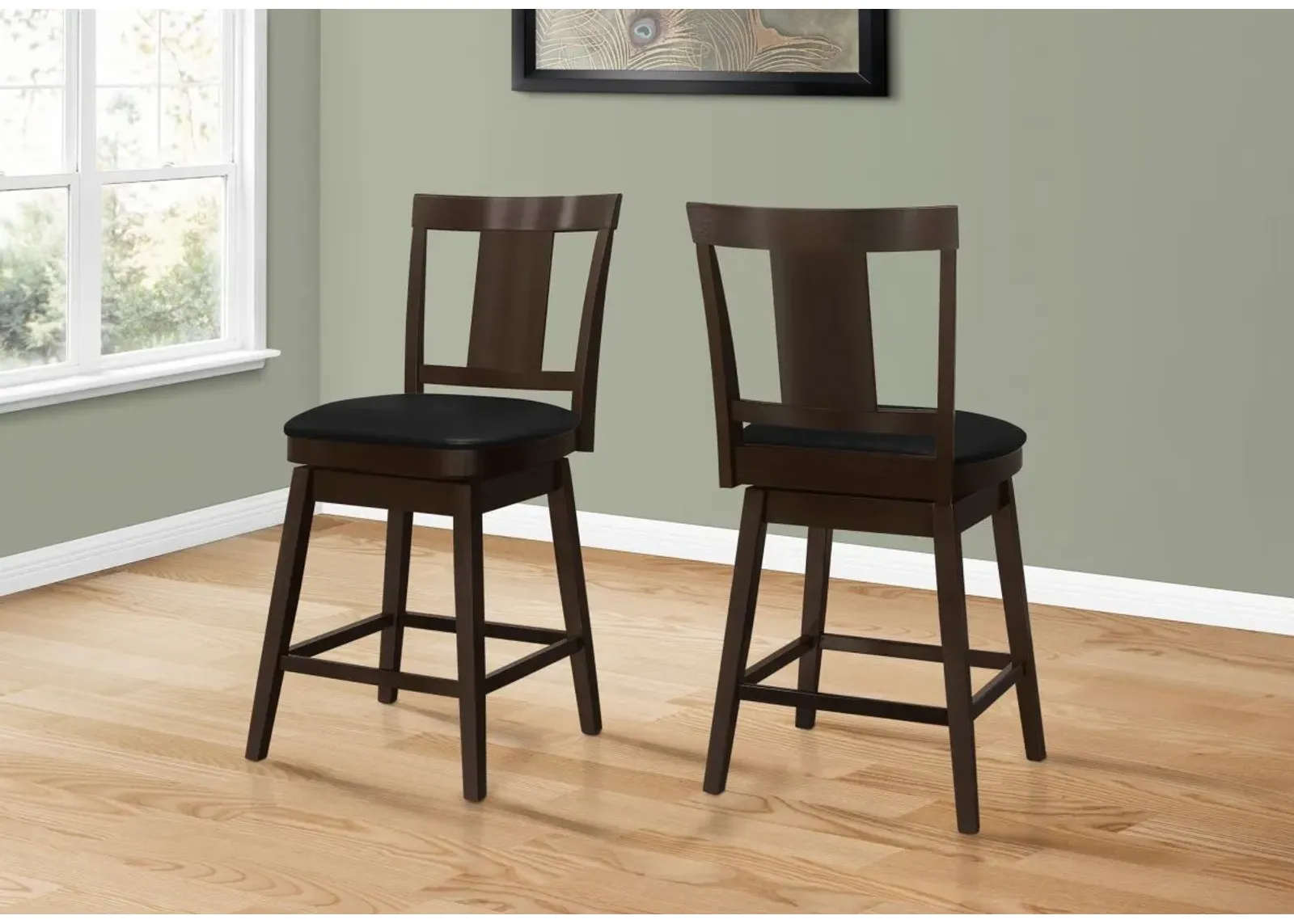 Bar Stool, Set Of 2, Swivel, Counter Height, Kitchen, Wood, Pu Leather Look, Brown, Black, Transitional