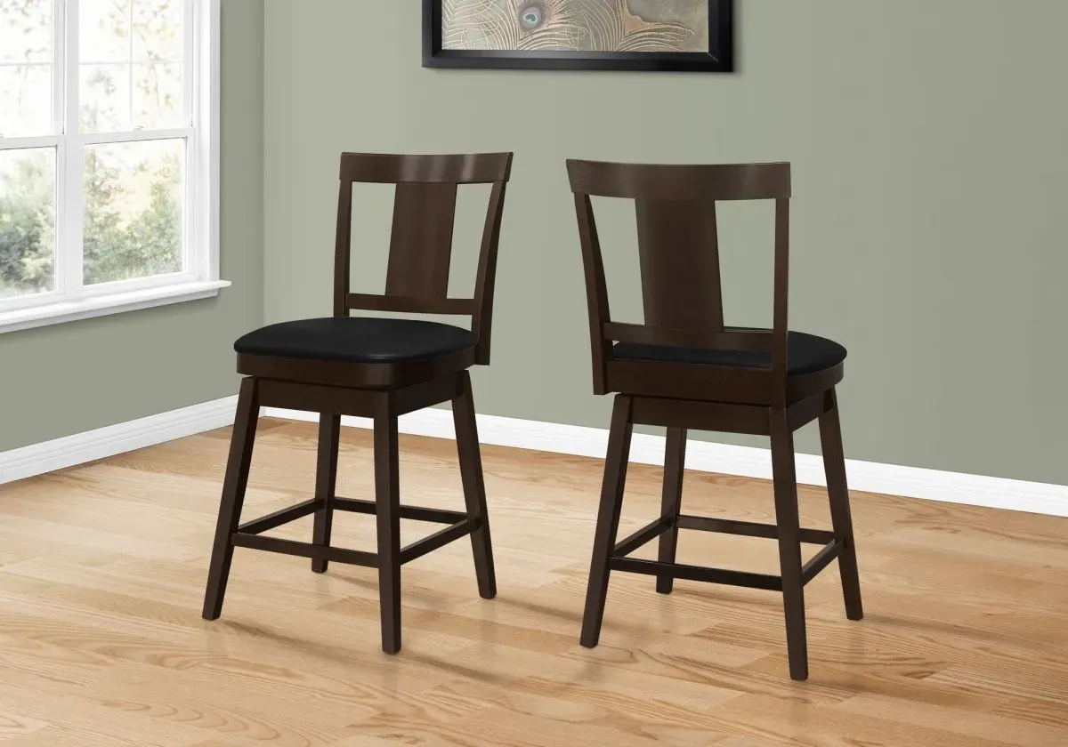 Bar Stool, Set Of 2, Swivel, Counter Height, Kitchen, Wood, Pu Leather Look, Brown, Black, Transitional