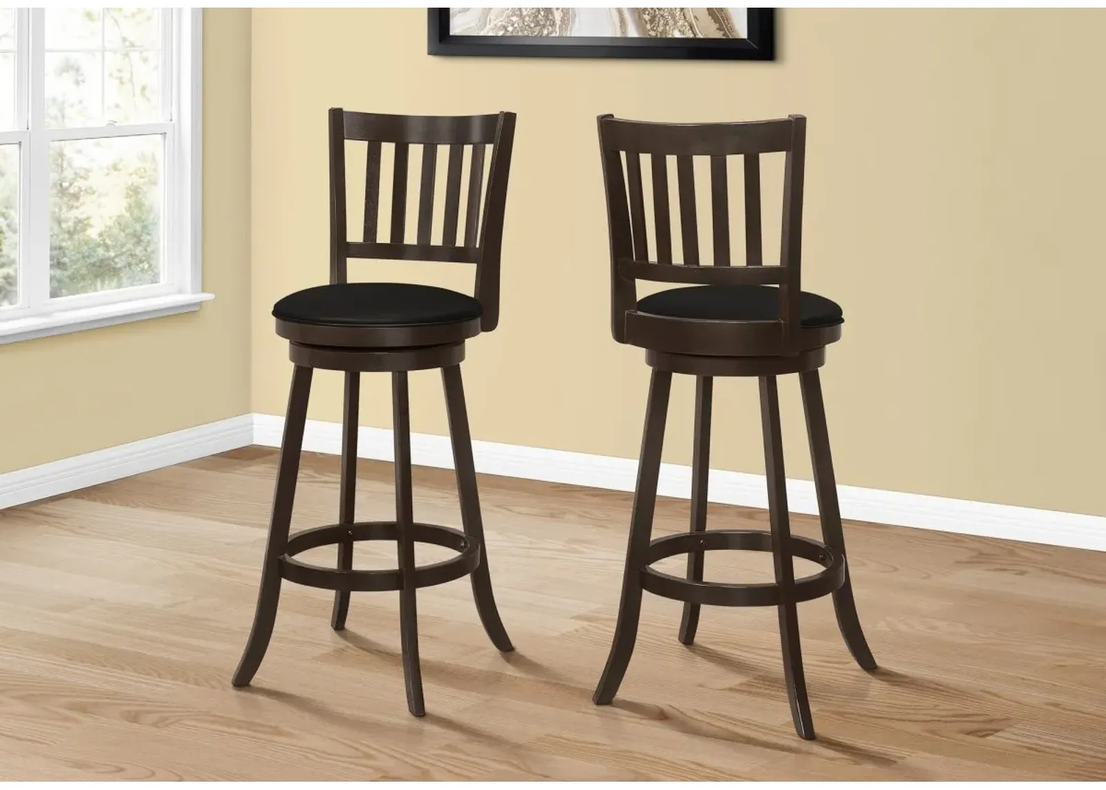 Bar Stool, Set Of 2, Swivel, Bar Height, Wood, Pu Leather Look, Brown, Black, Transitional