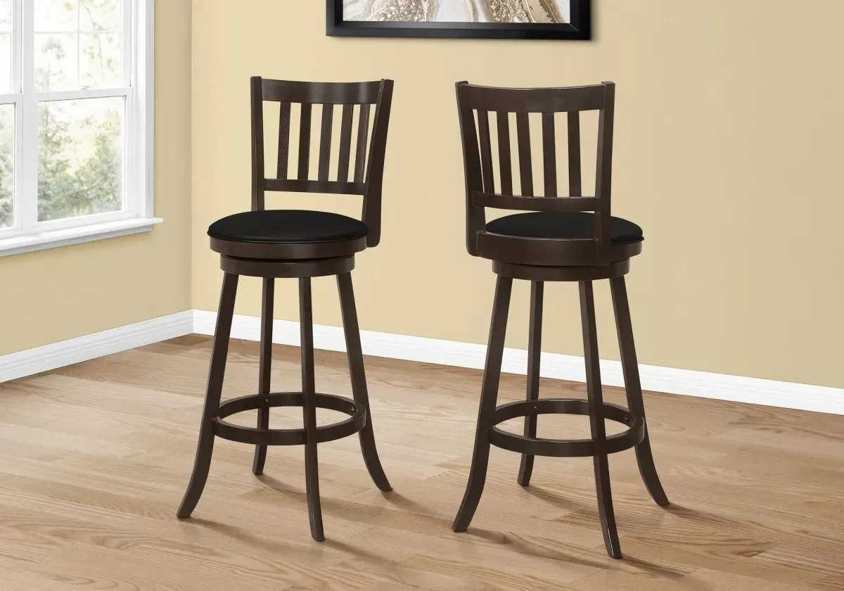 Bar Stool, Set Of 2, Swivel, Bar Height, Wood, Pu Leather Look, Brown, Black, Transitional