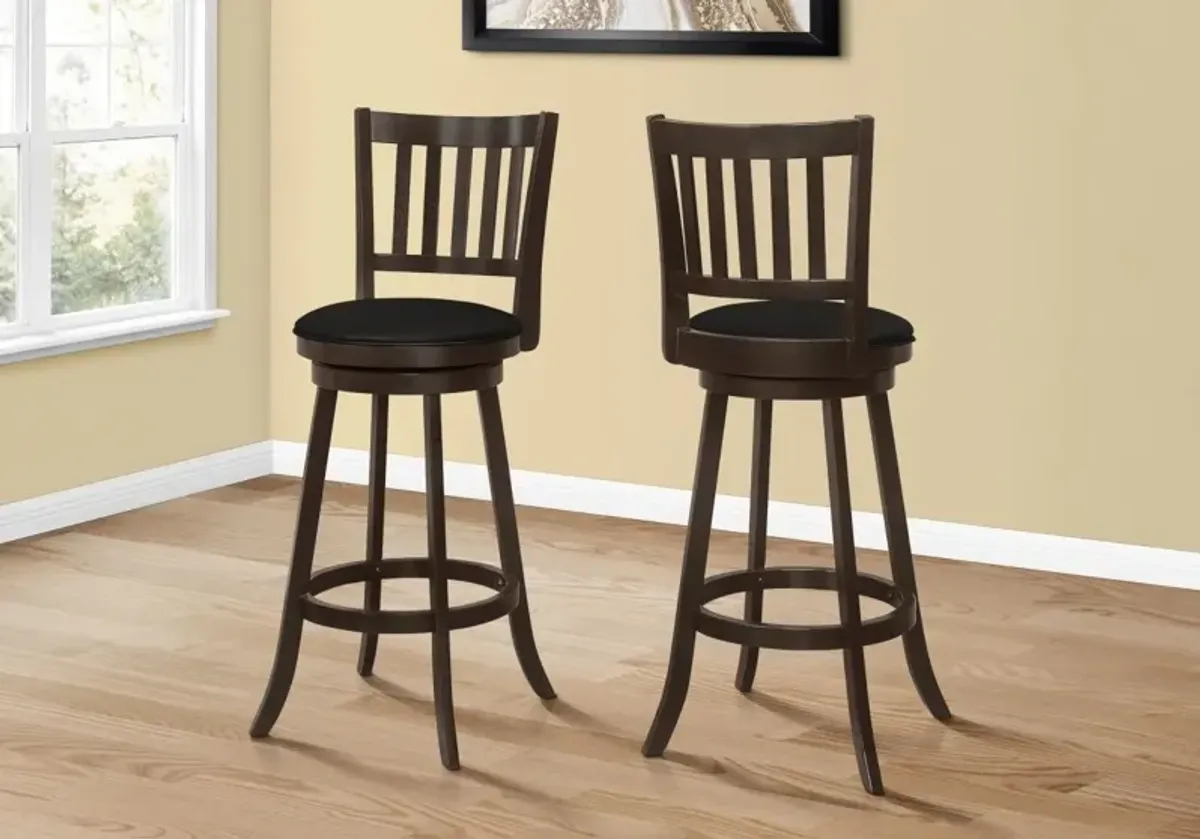 Bar Stool, Set Of 2, Swivel, Bar Height, Wood, Pu Leather Look, Brown, Black, Transitional