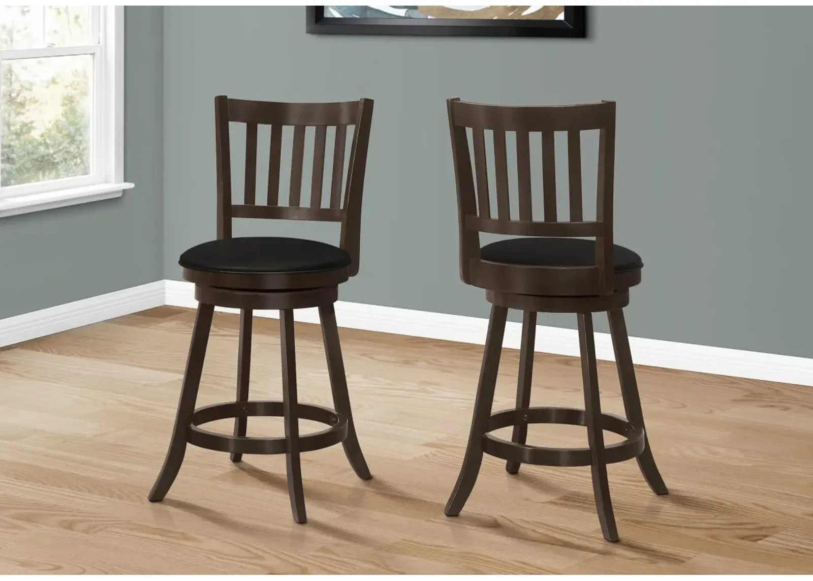 Bar Stool, Set Of 2, Swivel, Counter Height, Kitchen, Wood, Pu Leather Look, Brown, Black, Transitional