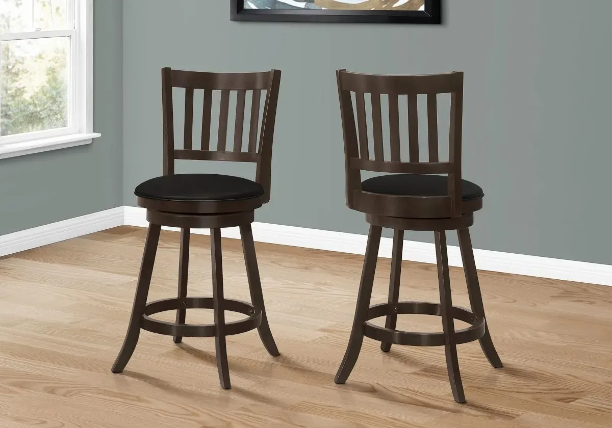 Bar Stool, Set Of 2, Swivel, Counter Height, Kitchen, Wood, Pu Leather Look, Brown, Black, Transitional