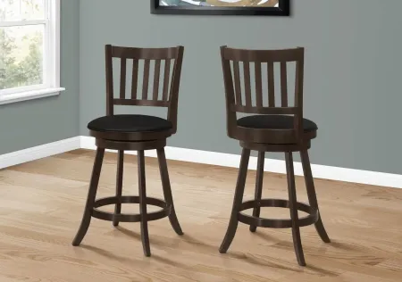 Bar Stool, Set Of 2, Swivel, Counter Height, Kitchen, Wood, Pu Leather Look, Brown, Black, Transitional