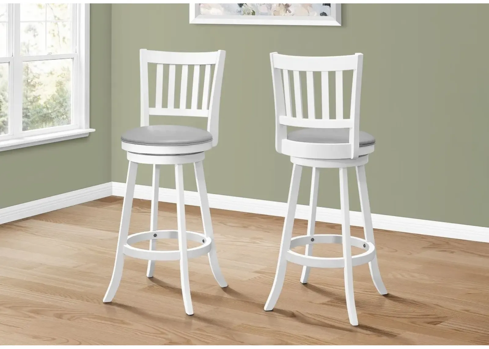 Bar Stool, Set Of 2, Swivel, Bar Height, Wood, Pu Leather Look, White, Grey, Transitional