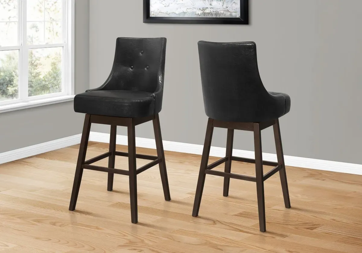 Bar Stool, Set Of 2, Swivel, Bar Height, Wood, Pu Leather Look, Black, Brown, Transitional