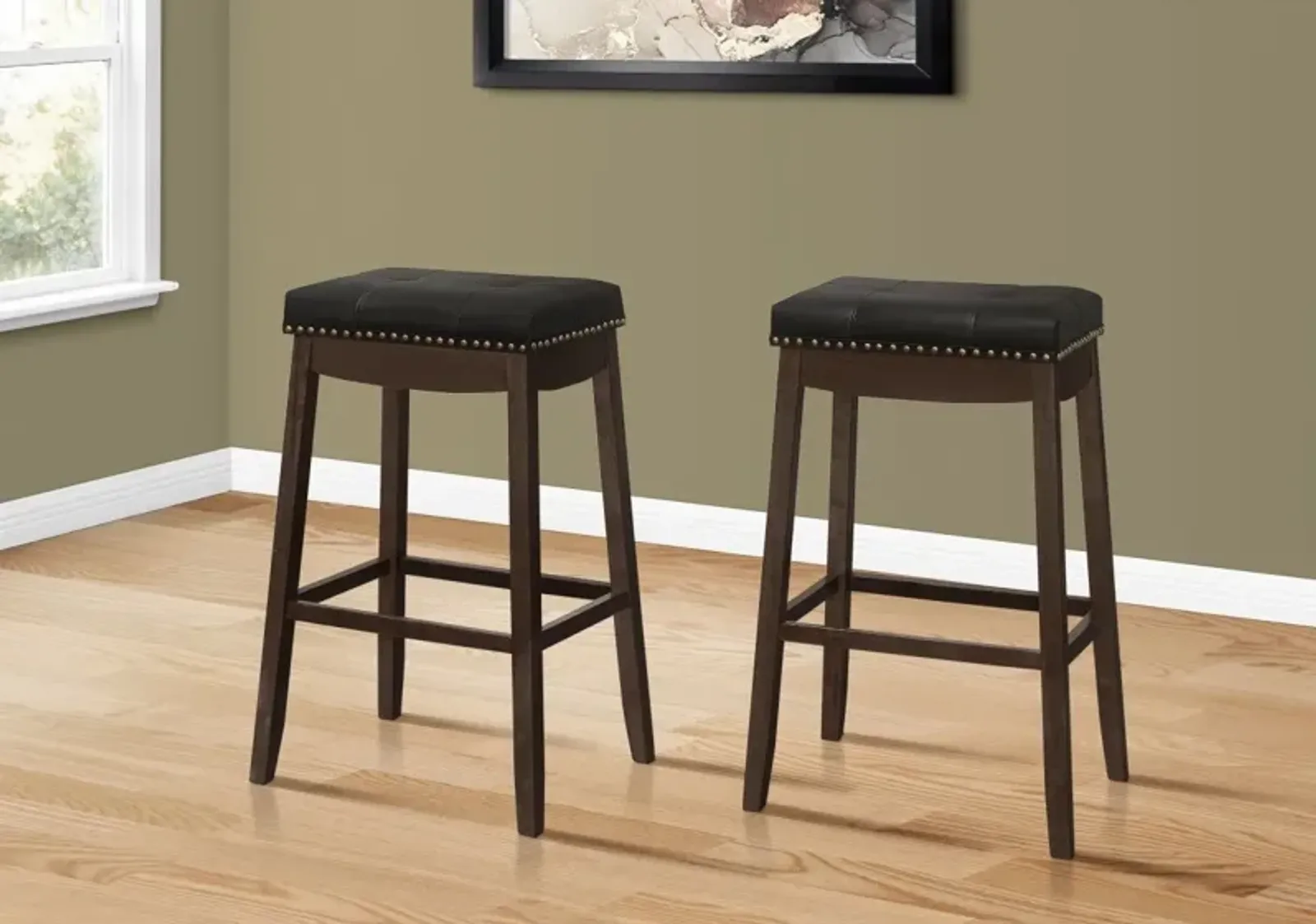 Bar Stool, Set Of 2, Bar Height, Saddle Seat, Wood, Pu Leather Look, Black, Brown, Transitional