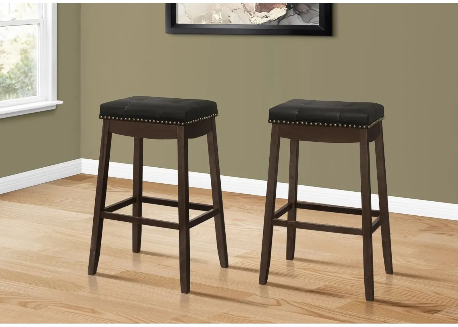 Bar Stool, Set Of 2, Bar Height, Saddle Seat, Wood, Pu Leather Look, Black, Brown, Transitional